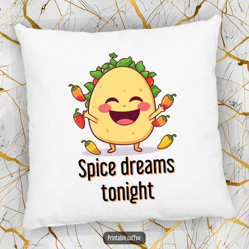 A laughing taco character expertly juggling jalapeño peppers, depicted on a soft, decorative pillow.