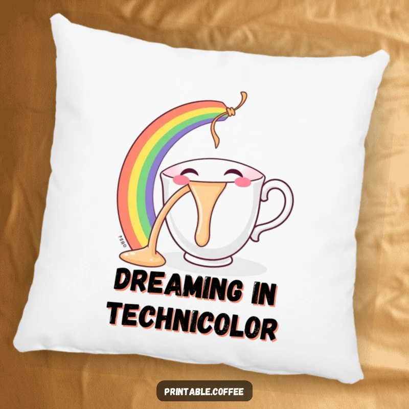 Funny teacup pillow with a smiling character joyfully pouring a vivid rainbow, providing comfort and a colorful, happy accent.