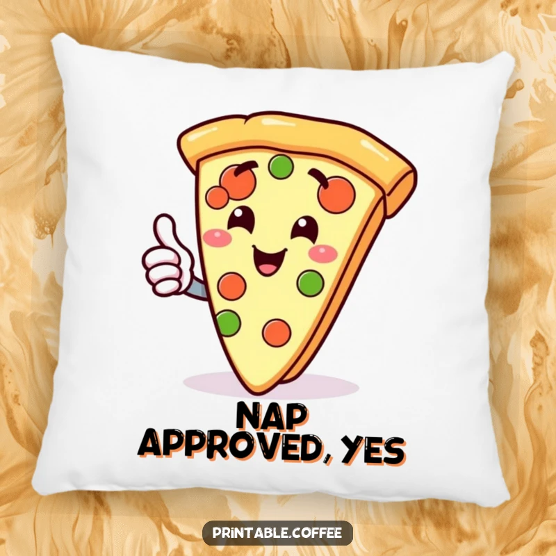 Funny pillow featuring a gleeful slice of pizza character giving a thumbs up, offering soft comfort and cheesy humor.