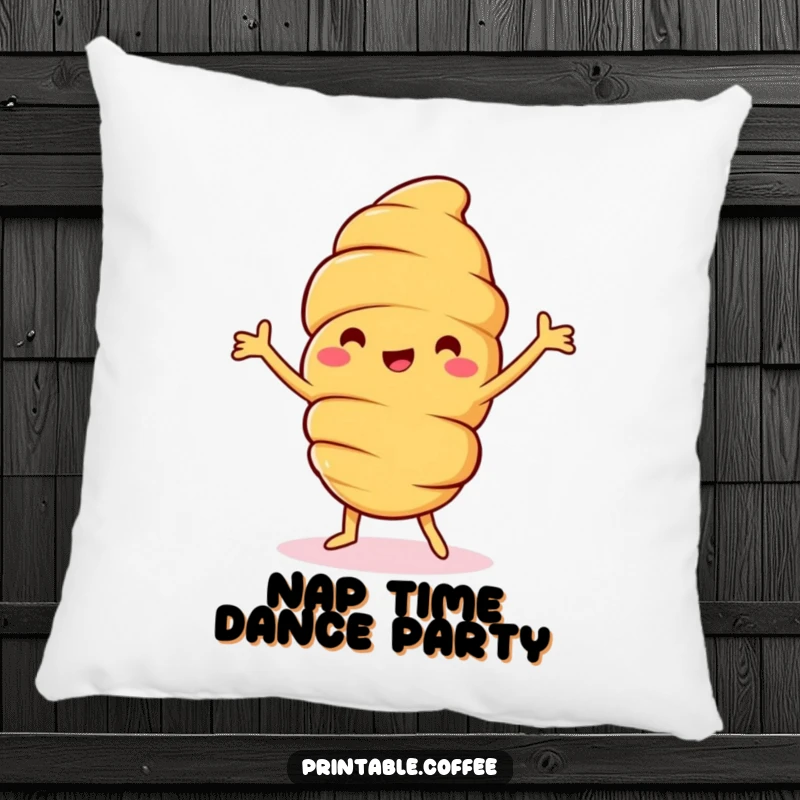 Funny croissant pillow with a jolly pastry character doing a happy dance, soft and squishy, adding a touch of playful, baked good silliness.