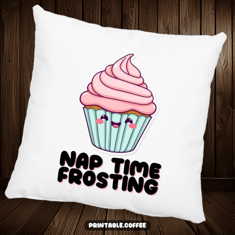 A happy cupcake character featuring its frosting in a joyful wiggle, on a soft, decorative pillow.