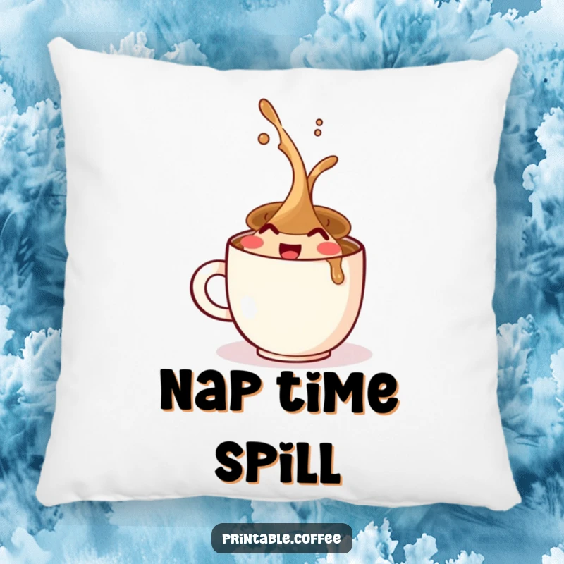 Funny pillow with a soft texture, featuring a coffee cup character spilling with pure, unadulterated glee and comfort.