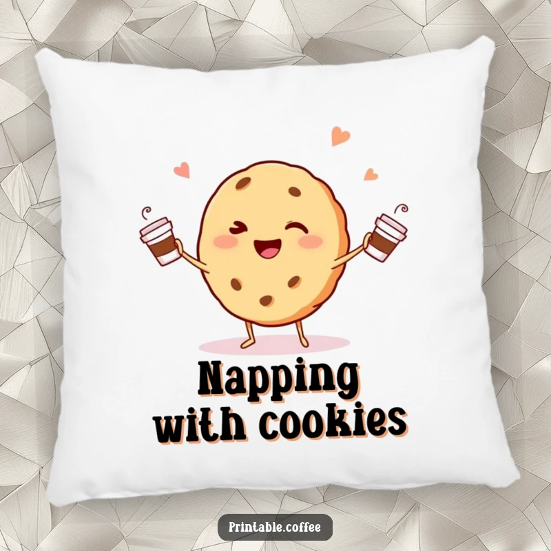 Funny winking cookie character happily juggling tiny coffee cups on a pillow, for cozy coffee break comfort.