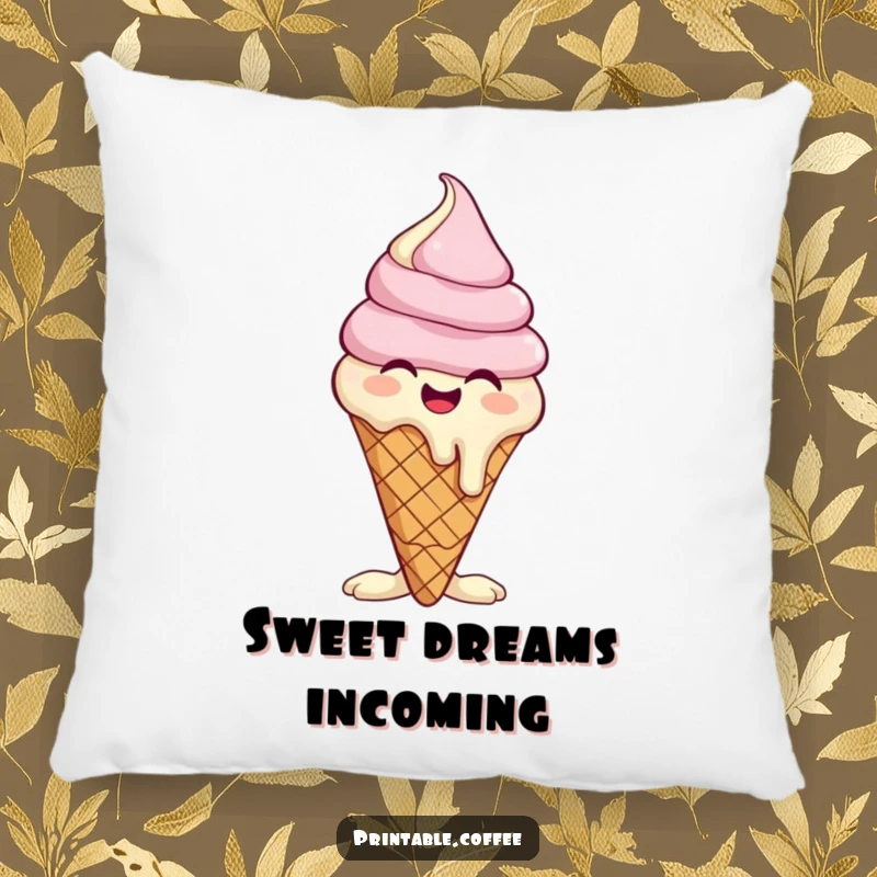 Funny pillow featuring a giggling ice cream cone character melting slightly, offering soft comfort and cheerful humor.