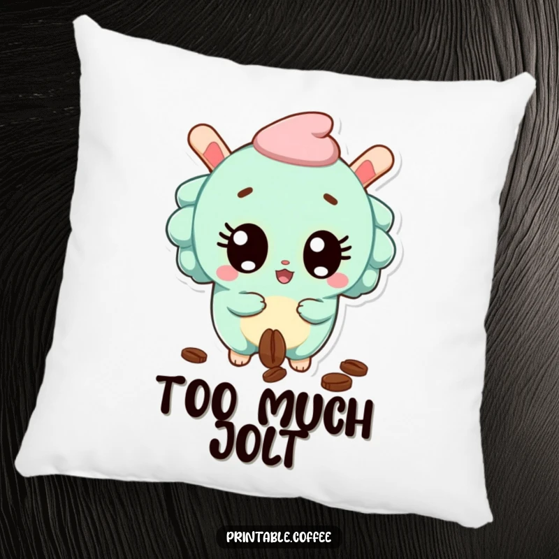Funny Pillow featuring a surprised churro character with wide eyes, dropping a coffee bean, offering comfort and amusement.