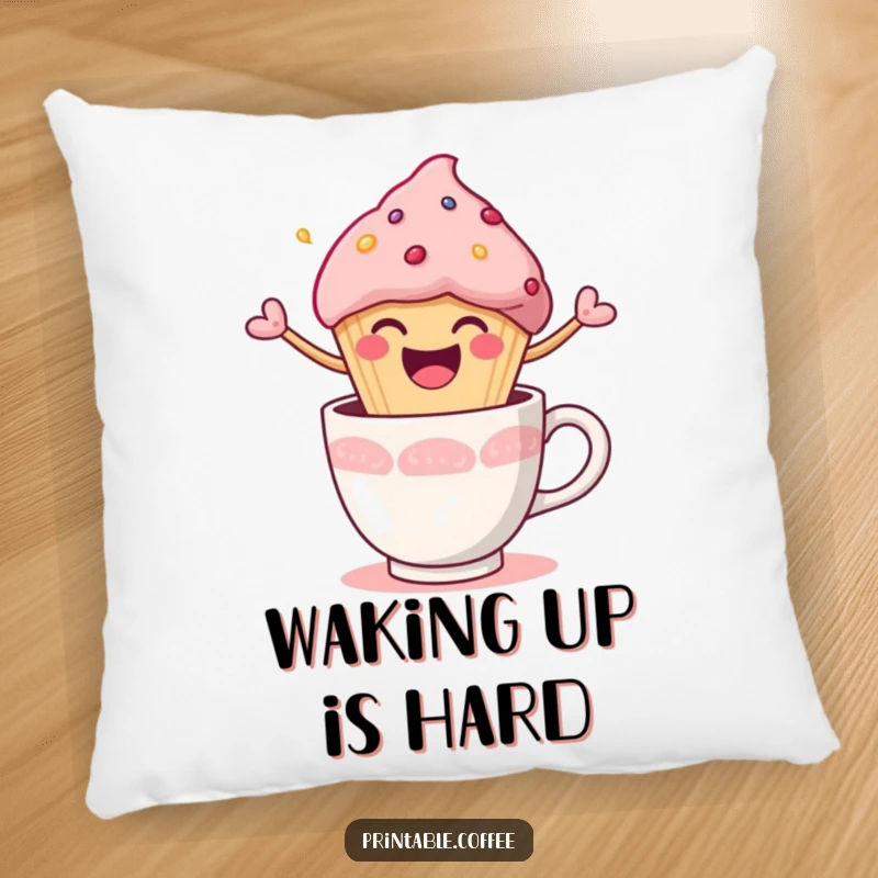 Funny Pillow featuring a happy muffin character joyfully bursting out of a coffee cup, offering cheerful comfort.