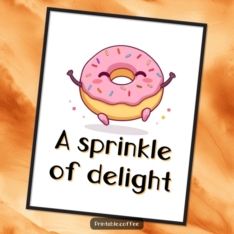 Funny donut digital art print of a character with sprinkles joyfully bouncing, offering a burst of happiness for wall decor.