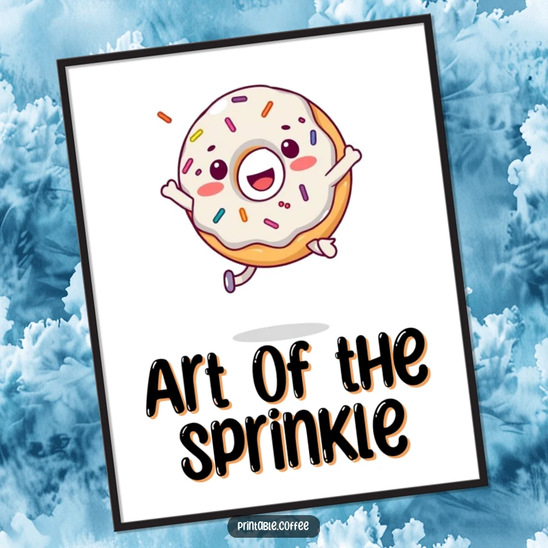 Funny donut character in a cheerful, energetic jump with sprinkles scattering, available as a digital art print.