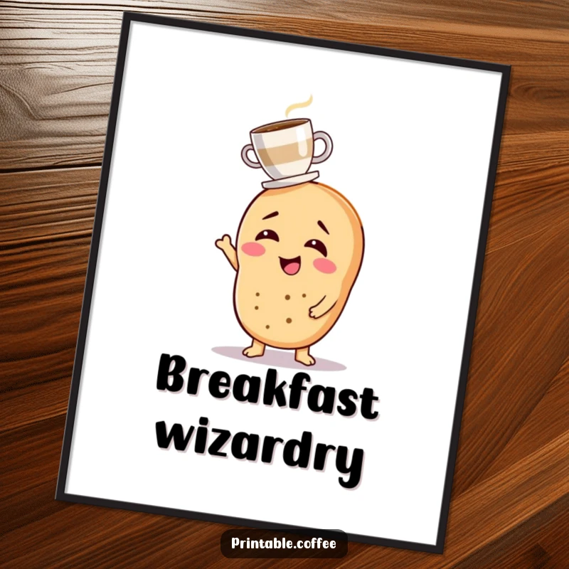 Funny digital art print of a giggling bagel character balancing a tiny coffee cup, radiating morning joy.