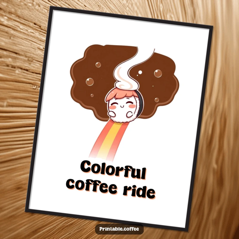 Funny digital art: A winking sushi character slides down a coffee steam rainbow, bringing whimsical and delicious fantasy to your decor.