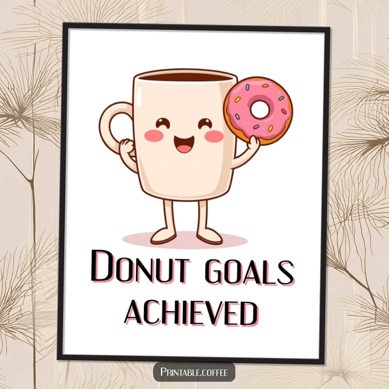 Funny coffee mug with legs triumphantly holding a donut, a humorous and celebratory digital art print for instant download.