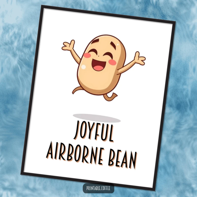 Funny coffee bean digital art print of a giggling character leaping joyfully in mid-air, ideal for screensavers or digital displays seeking vibrant energy.