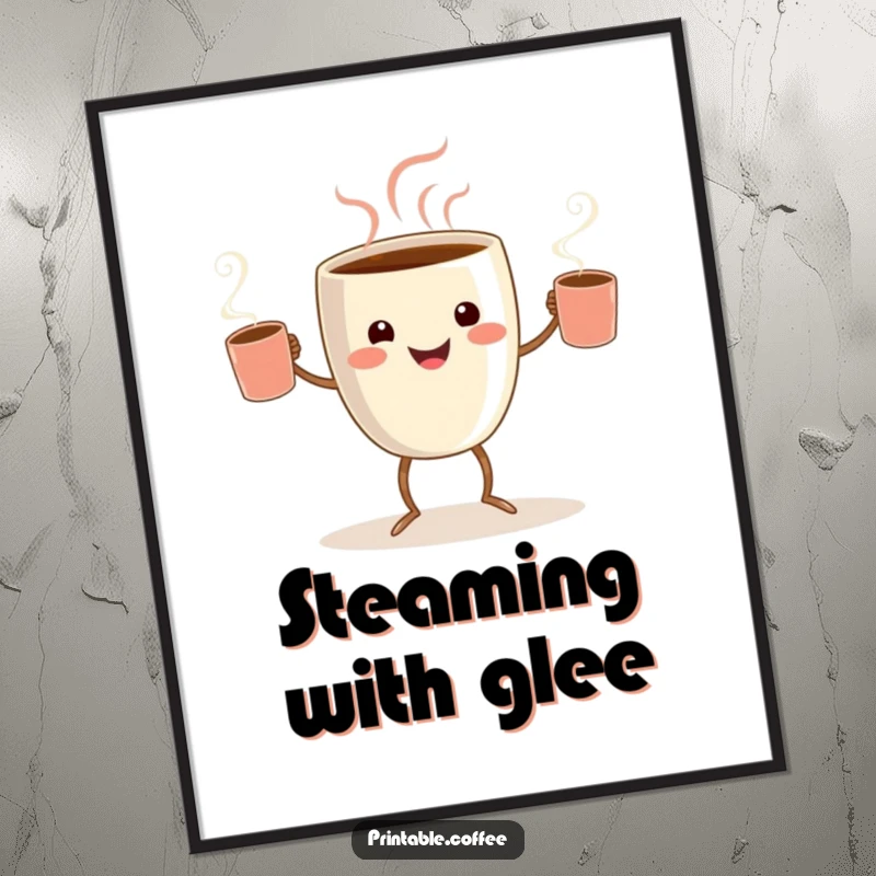 Funny coffee juggler digital art print of a smiling coffee cup character with tiny legs, juggling steaming mugs.