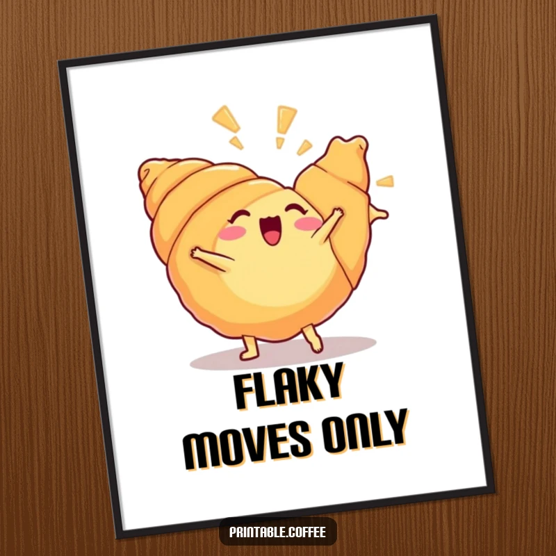 Funny croissant digital art print of a croissant doing a cartwheel, high-resolution, perfect for instant humorous wall decor.