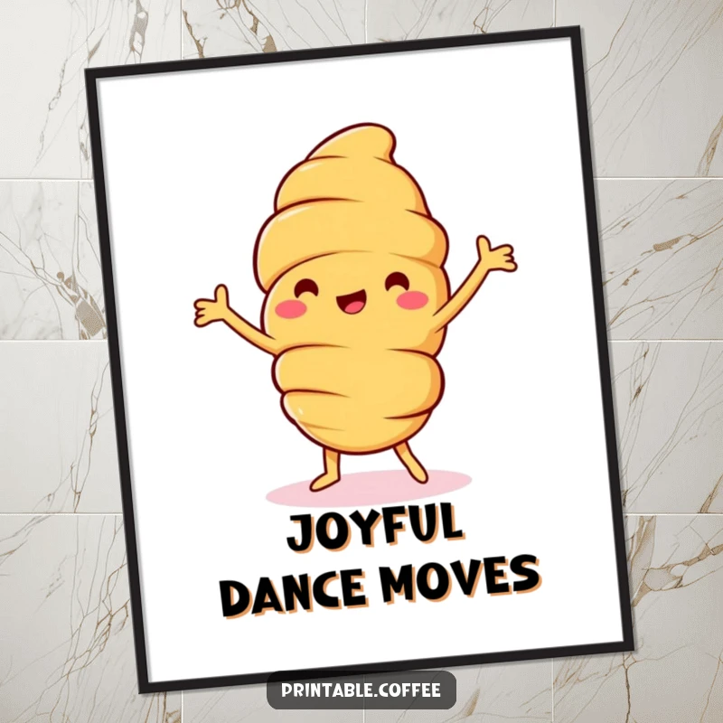 Funny croissant digital art print featuring a jolly pastry character joyfully dancing, perfect for screen savers or digital displays seeking animated humor.