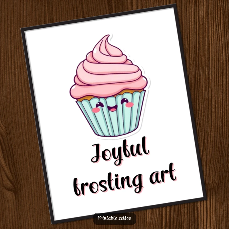 Funny cupcake character with its frosting wiggling with joy, presented as a cheerful digital art print.