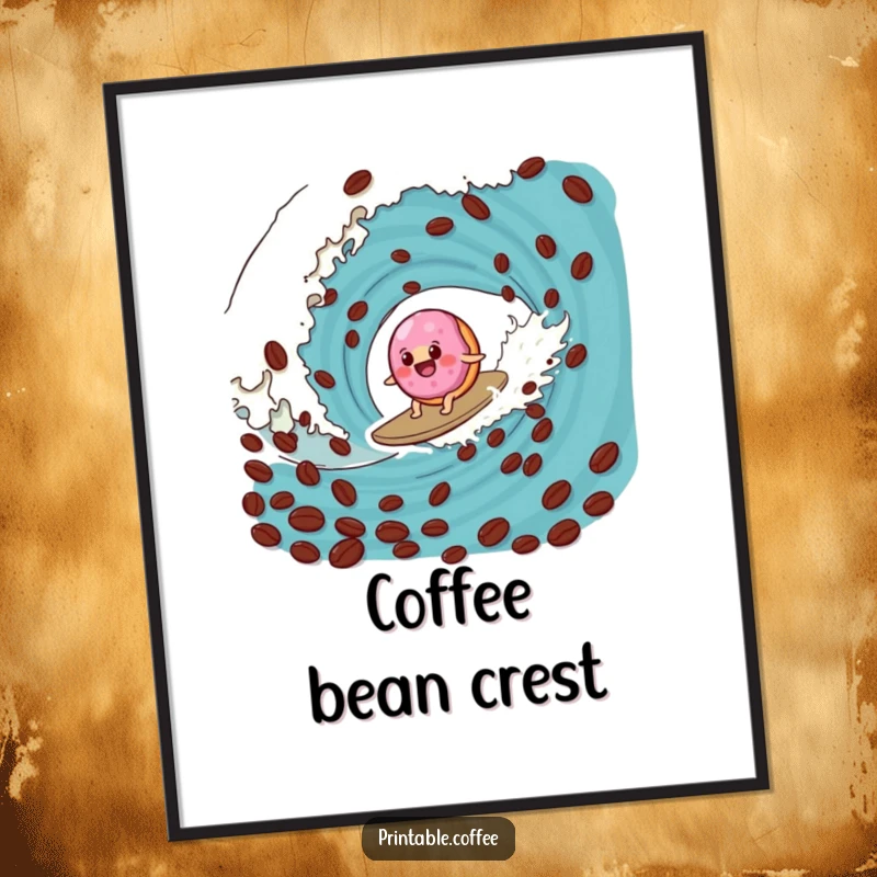 Funny donut digital art print of a wobbly jelly donut surfing a coffee bean wave, high-resolution, perfect for instant decor.