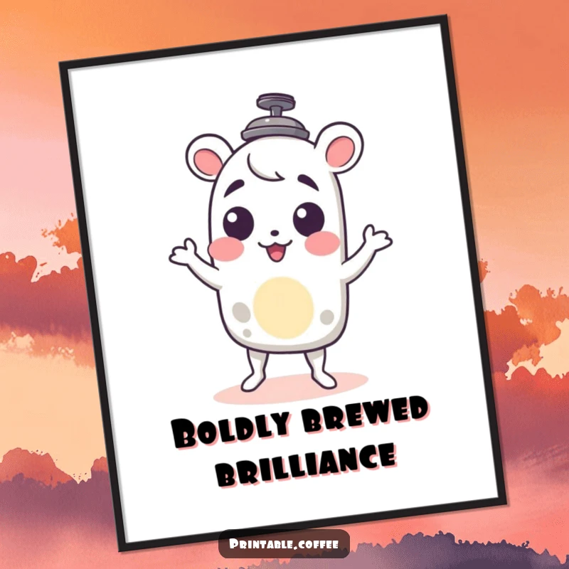 Funny French press digital art print of a character delightfully doing a little shimmy, offering coffee-themed fun for wall decor.