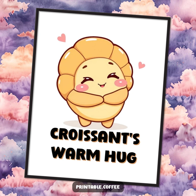 Funny digital art print of a croissant character winking and offering a warm hug, offering instant downloadable comfort and charm.