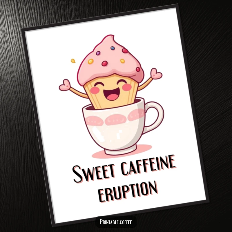Funny Digital Art Print of a happy muffin character joyfully bursting out of a coffee cup, radiating pure delight.