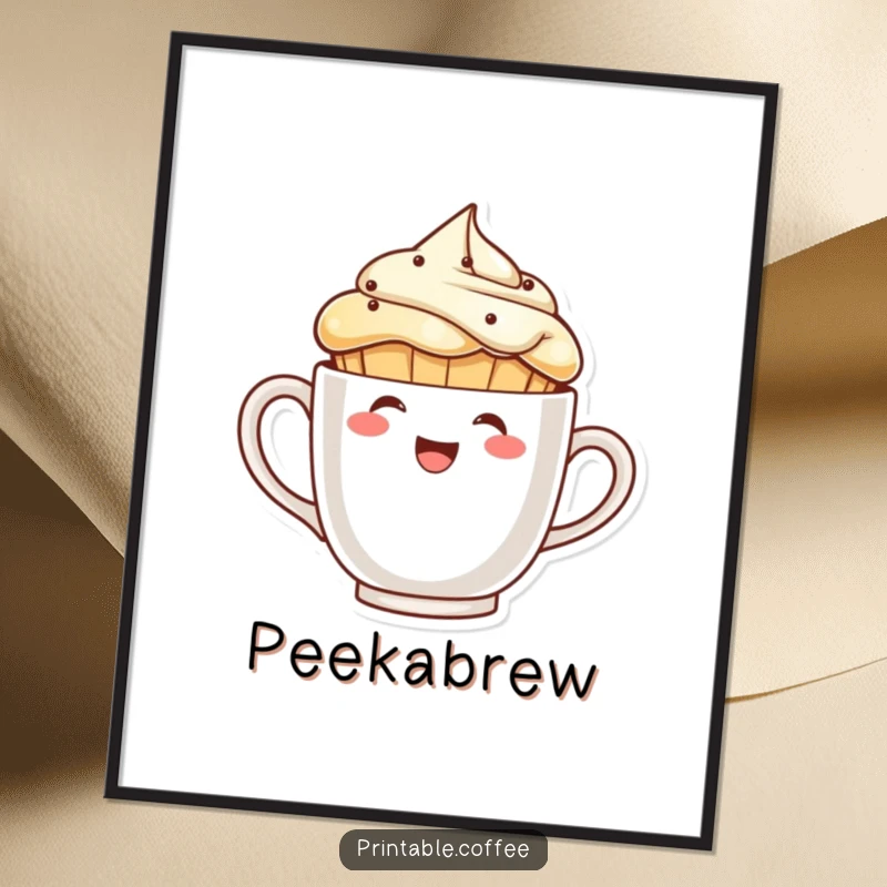 Funny laughing muffin character peeking from behind a giant coffee cup as a digital art print, adding instant cheer.