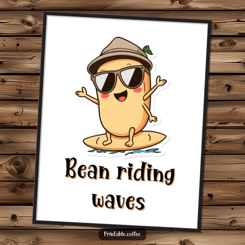 Funny digital art print of a coffee bean character with sunglasses, surfing on a wave, offering instant cool and beachy vibes.