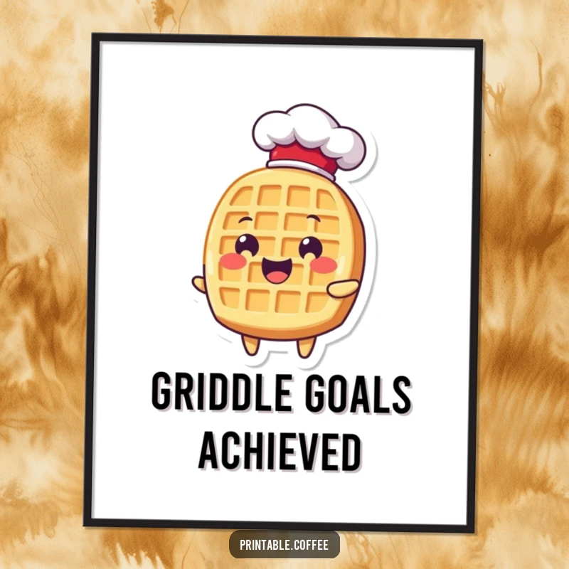 Funny waffle character in a chef hat, looking delighted, a humorous and delightful digital art print.