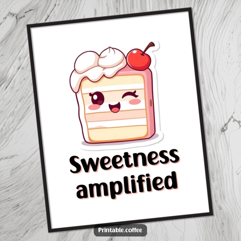 Funny digital art print of a winking piece of cake character with an extra cherry, perfect for sweet wall decor.