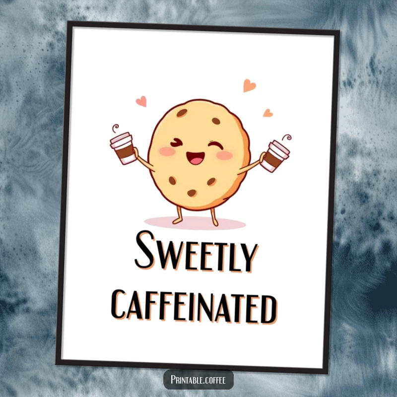 Funny winking cookie character happily juggling tiny coffee cups as a digital art print, adding instant cheer.