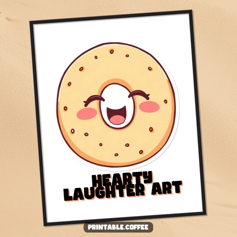 Funny bagel digital art print of a cheerful bagel character laughing heartily with eyes closed, ideal for screensavers or digital displays seeking pure joy.