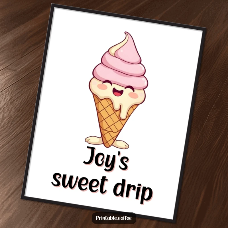 Funny digital art print of a giggling ice cream cone character melting slightly, offering instant cheerful wall decor.