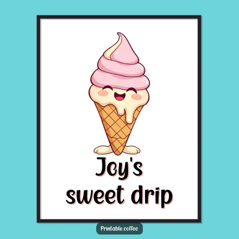 Funny Giggling Ice Cream Cone Digital Art Print: Melting Mirthful Decor