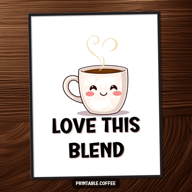 Funny smiling coffee mug character with steam forming a heart shape, created as whimsical and humorous digital art.