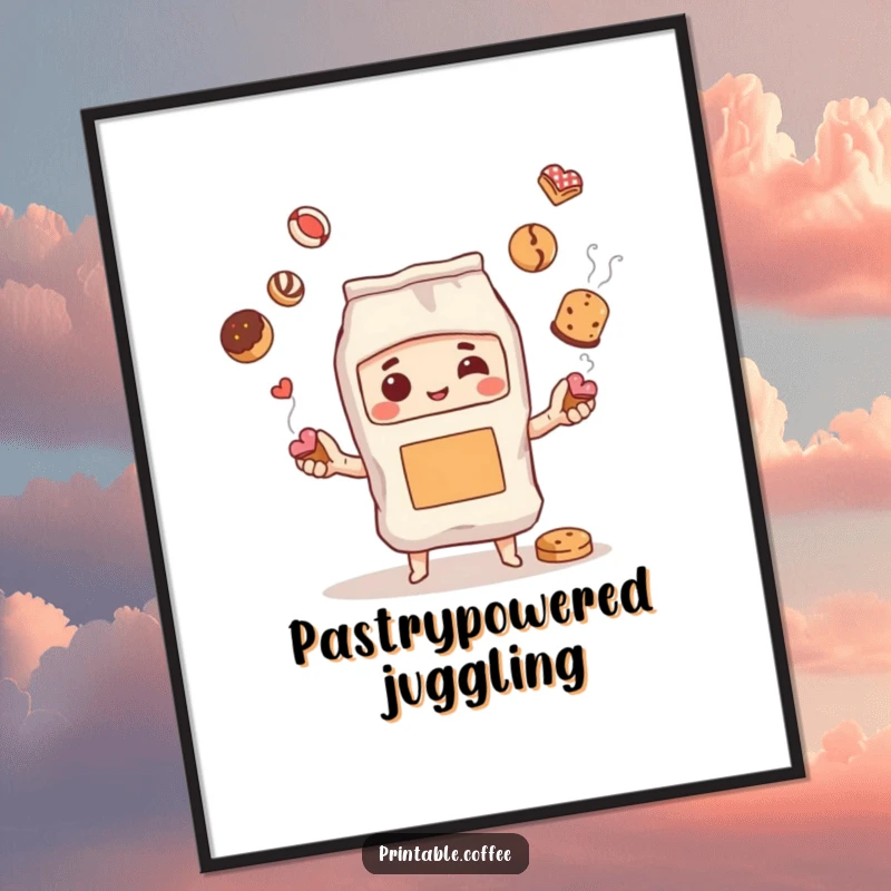 Funny digital art print of a steaming coffee bag character expertly juggling pastries, offering instant downloadable whimsy and charm.
