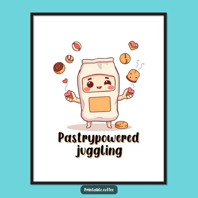 Funny Coffee Bag Juggling Pastries Digital Art: Instant Whimsy Download