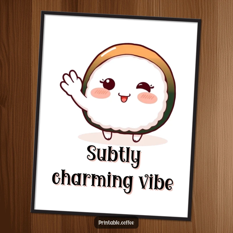Funny digital art print of a blushing piece of sushi character doing a shy wave, perfect for charming wall decor.