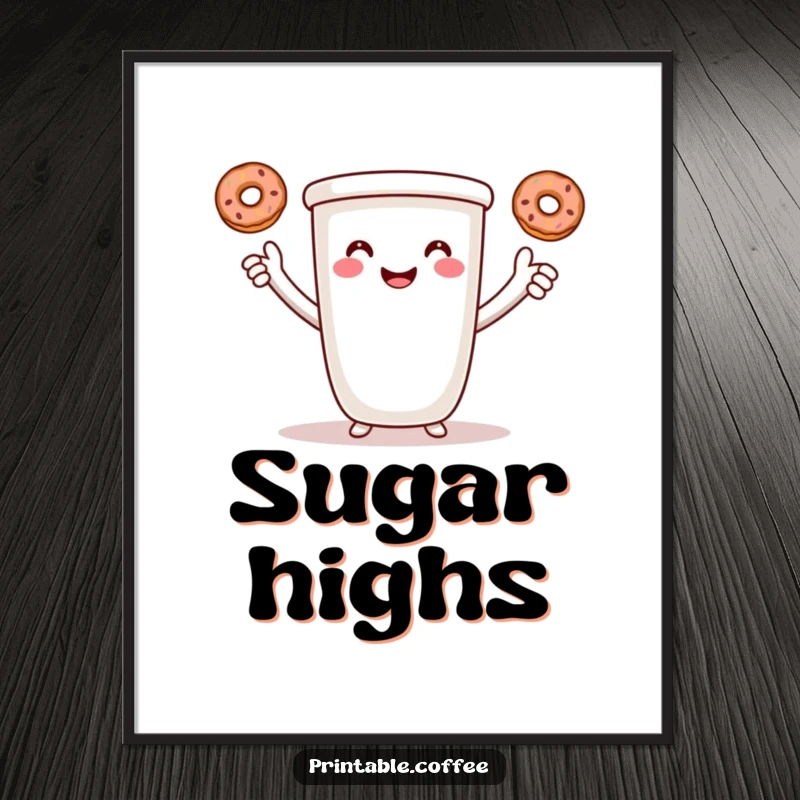 Funny coffee digital art print showing a smiling cartoon coffee cup with arms, juggling three tiny donuts.