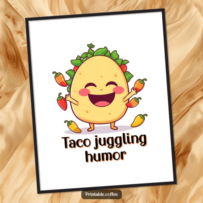Funny taco character laughing heartily while juggling tiny jalapeño peppers, presented as a vibrant digital art print.