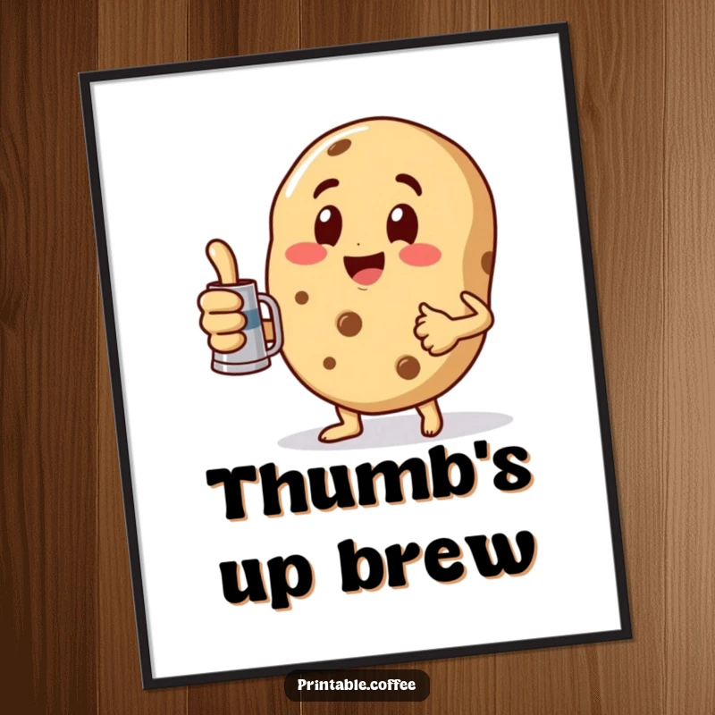 Funny Digital Art Print of a playful cookie character giving a thumbs up while holding a miniature coffee pot, radiating positivity.