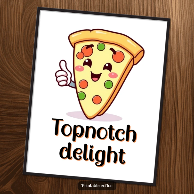 Funny digital art print of a gleeful slice of pizza character giving a thumbs up, perfect for foodie wall decor.