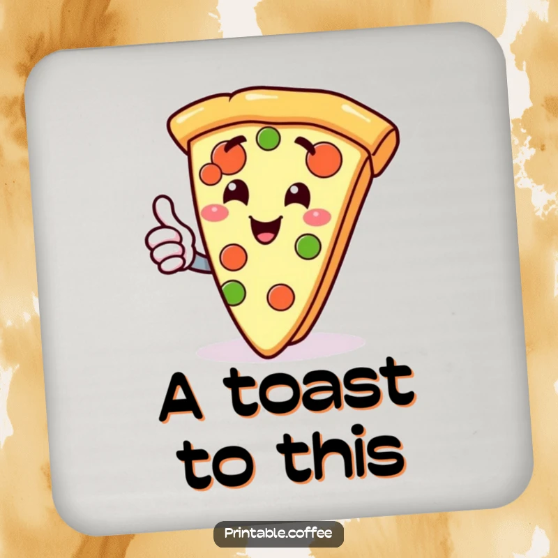 Funny drink coaster featuring a gleeful slice of pizza character giving a thumbs up, protecting surfaces with humor.