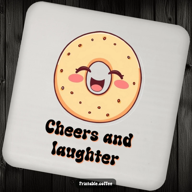 Funny bagel drink coaster with a cheerful bagel character laughing heartily, eyes closed, offering a protective layer of doughy, mirthful charm.