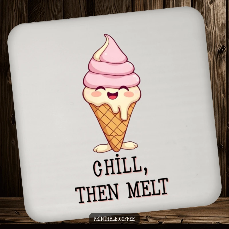 Funny drink coaster featuring a giggling ice cream cone character melting slightly, protecting surfaces with humor.