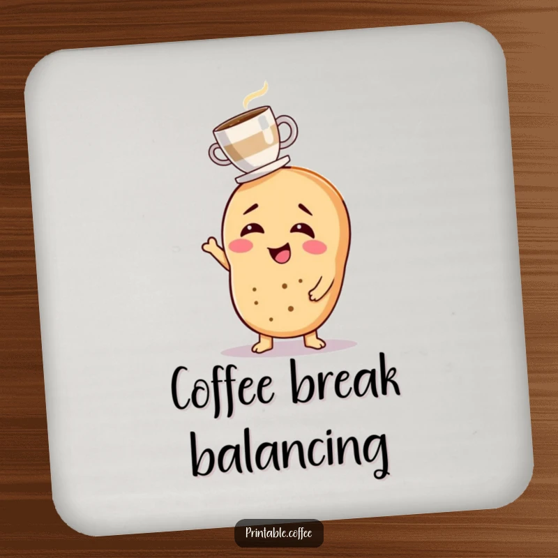 Funny coaster with a giggling bagel character balancing a tiny coffee cup, adding morning humor.