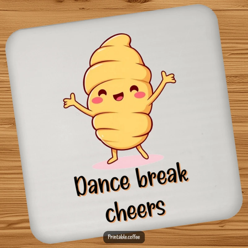 Funny croissant drink coaster with a jolly pastry character doing a happy dance, protecting surfaces with animated, baked good charm.