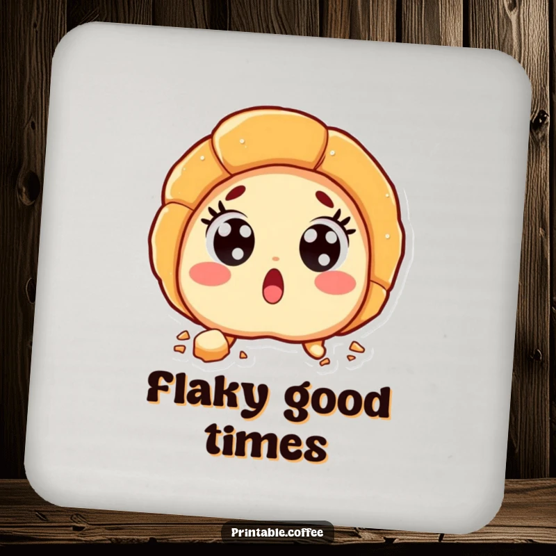 Funny croissant character with wide, surprised eyes and flaky crumbs, depicted on a protective drink coaster.