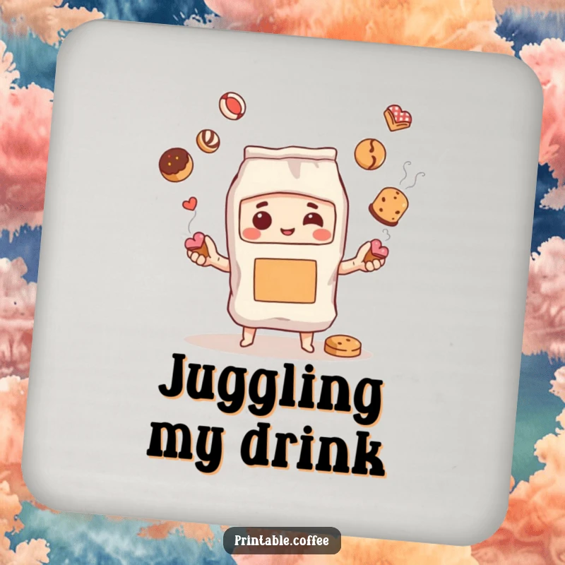 Funny drink coaster with a steaming coffee bag character artfully juggling pastries, adding a playful touch to any table setting.