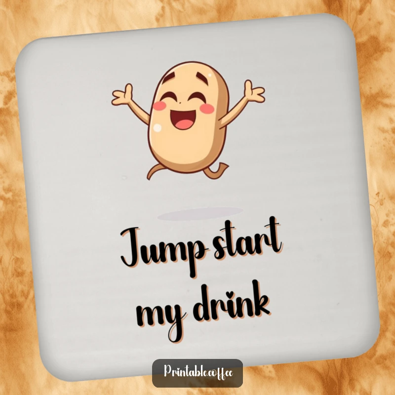 Funny coffee bean drink coaster with a giggling character jumping with joy in mid-air, adding caffeinated charm and surface protection.