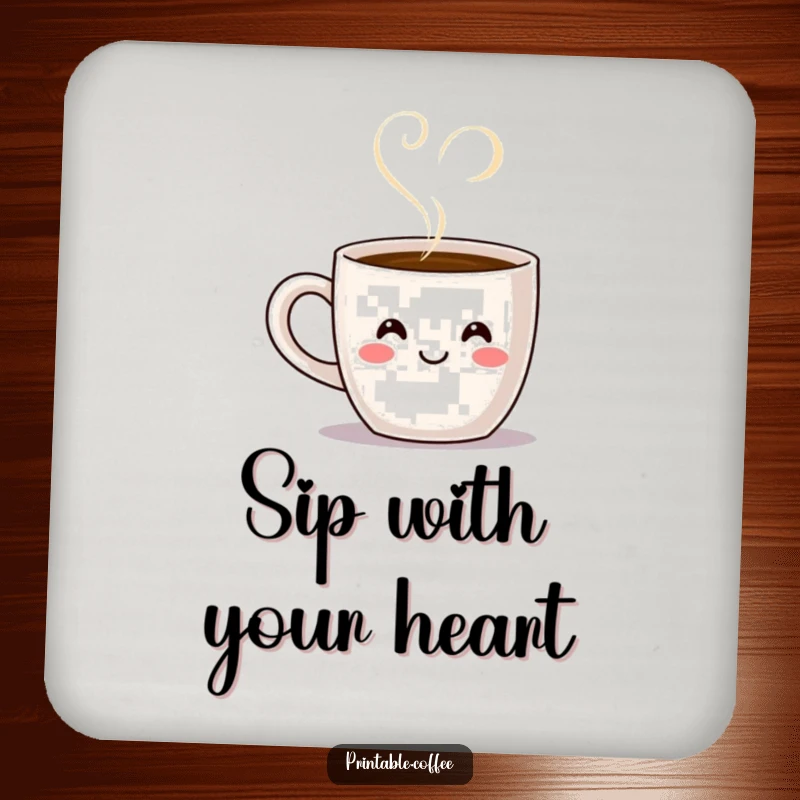 Funny smiling coffee mug character with steam forming a heart shape, featured on a humorous drink coaster.