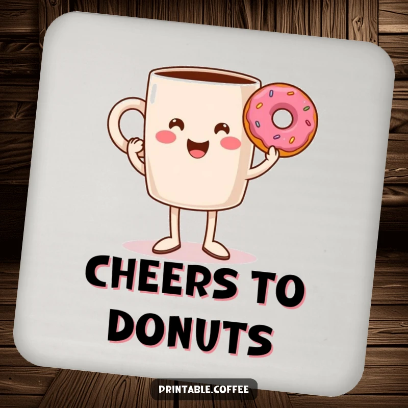 Funny coffee mug with legs triumphantly holding a donut, a set of humorous coasters to protect surfaces with a smile.